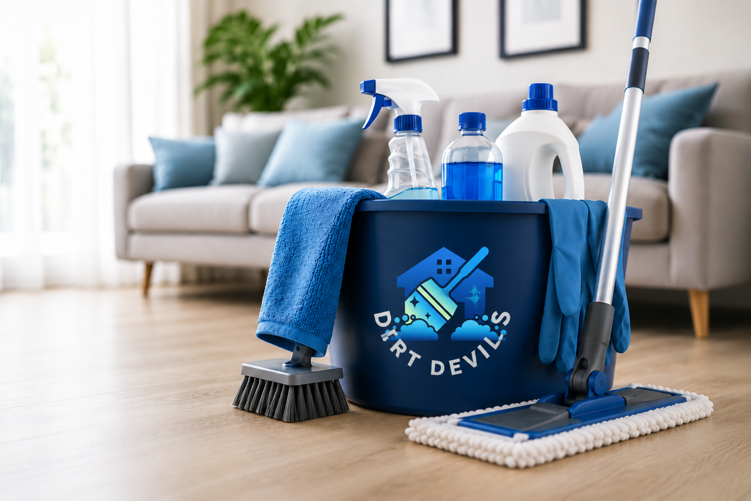 Cleaning supplies in a bright living room